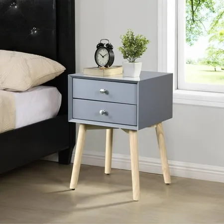 Night Stand Solid Wood Legs Furniture Bedside Table Modern End Side Table with 2 Drawers Versatile Nightstand Storage Cabinet for Bedroom Sofa Entryway