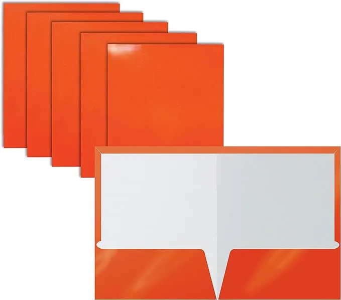 Better Office Products 2 Pocket Glossy Laminated Paper Folders, Letter Size, Orange Paper Portfolios, Box of 25 Orange Folders