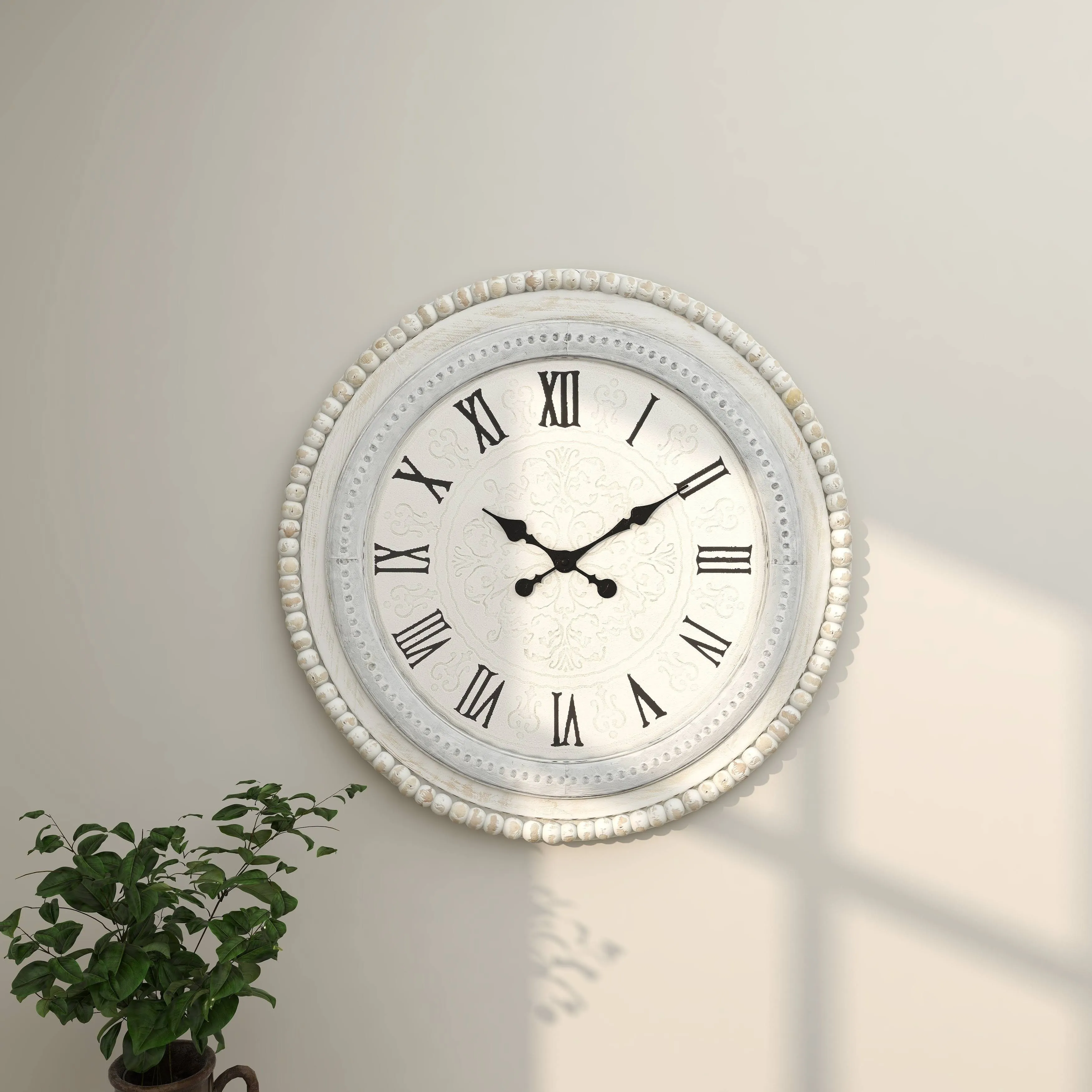 DecMode 22" White Wood Carved Beading Wall Clock