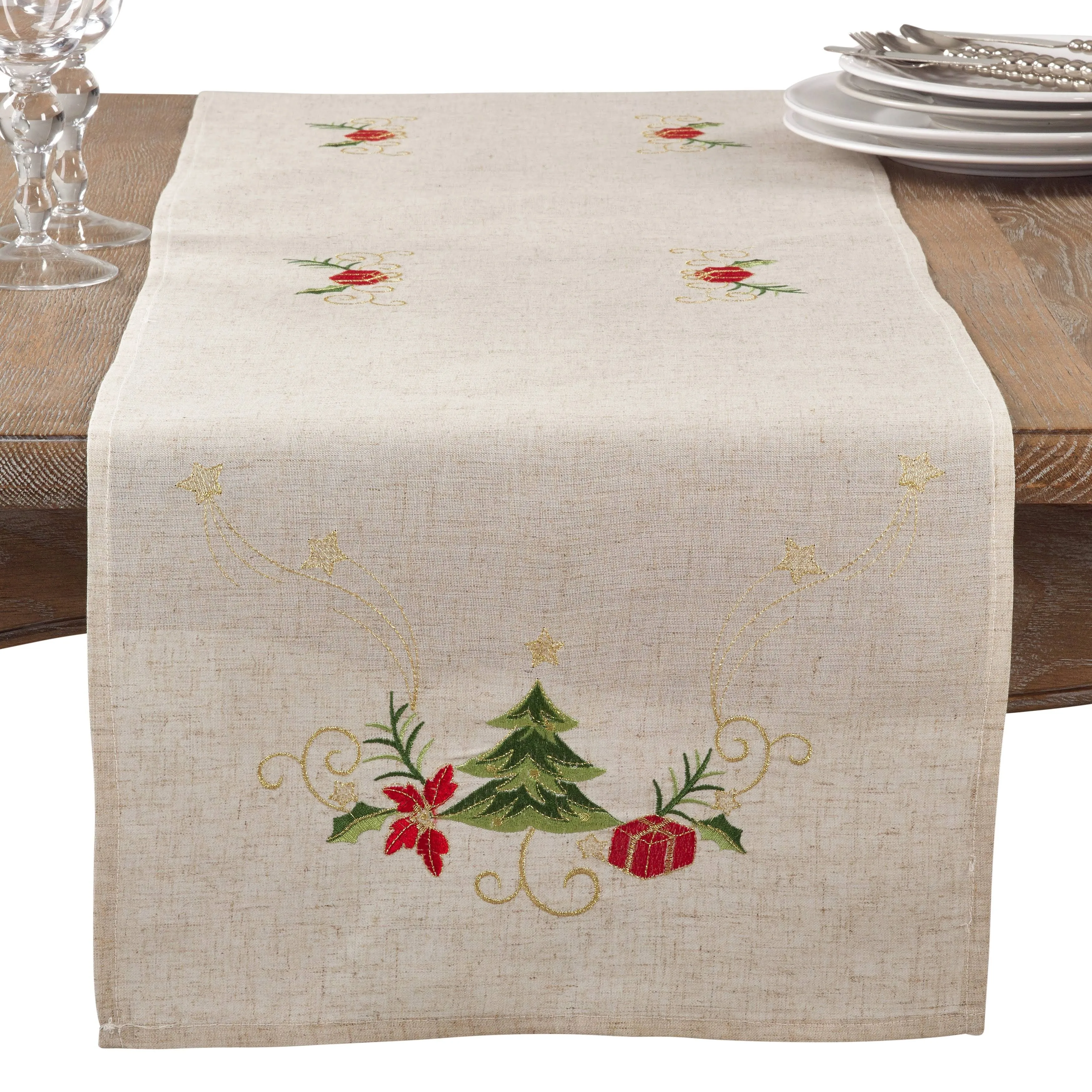 Embroidered Christmas Tree Design Linen Blend Table Runner - Saro Lifestyle 1710.N16120B