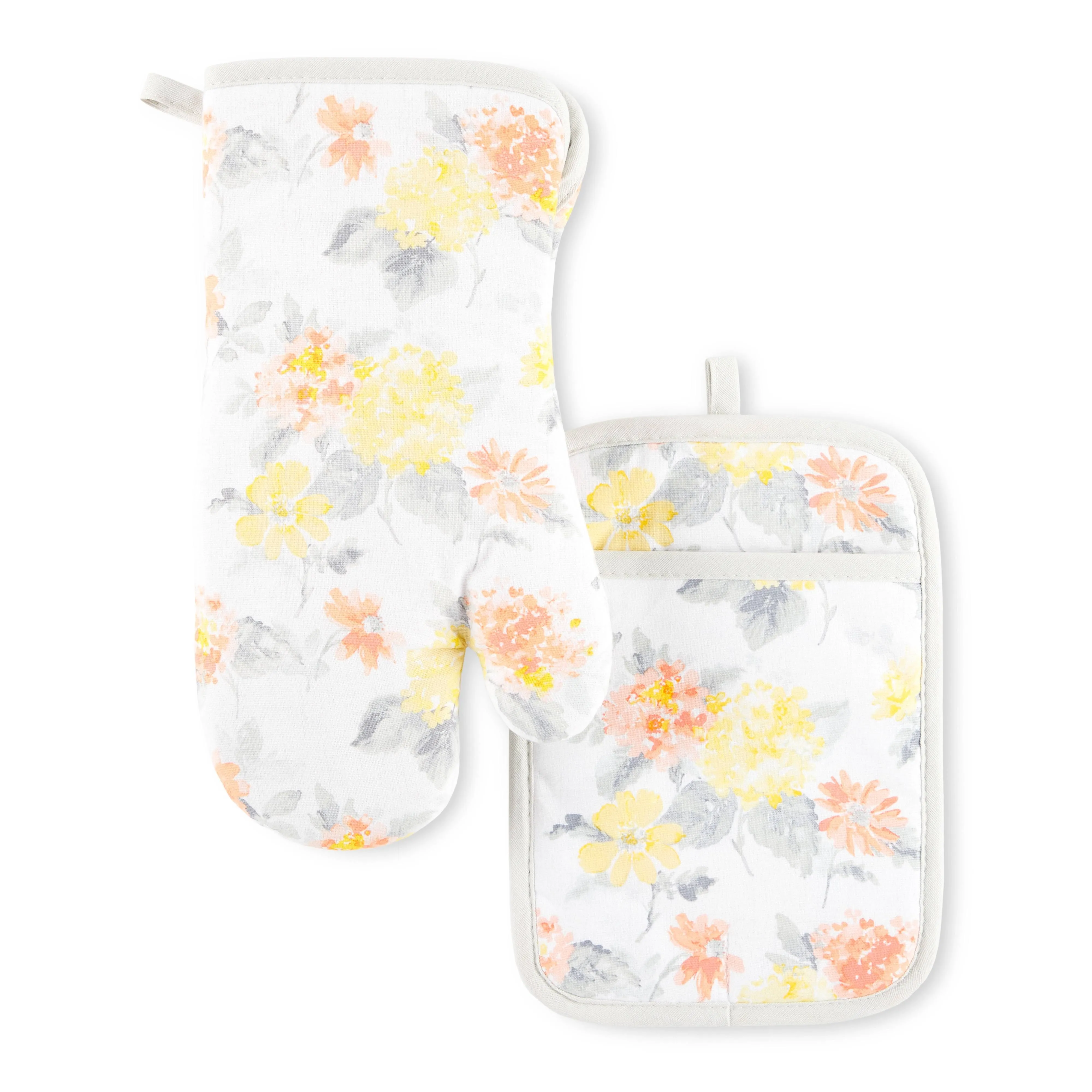 Martha Stewart Amber Floral Oven Mitt & Pot Holder Set 2-Pack, Pink/Yellow, Om: 7 inchx13 inch & ph: 7 inchx10 inch