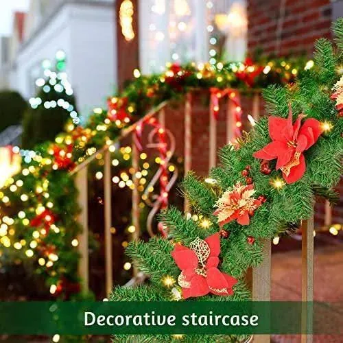 Pre-lit Artificial Christmas Garland, Green Rattan with Red Flower Decorations and Battery Operated LED Lights for Home Stairs Fireplace Front Porch Door Display Indoor Outdoor Christmas Decor -9FT