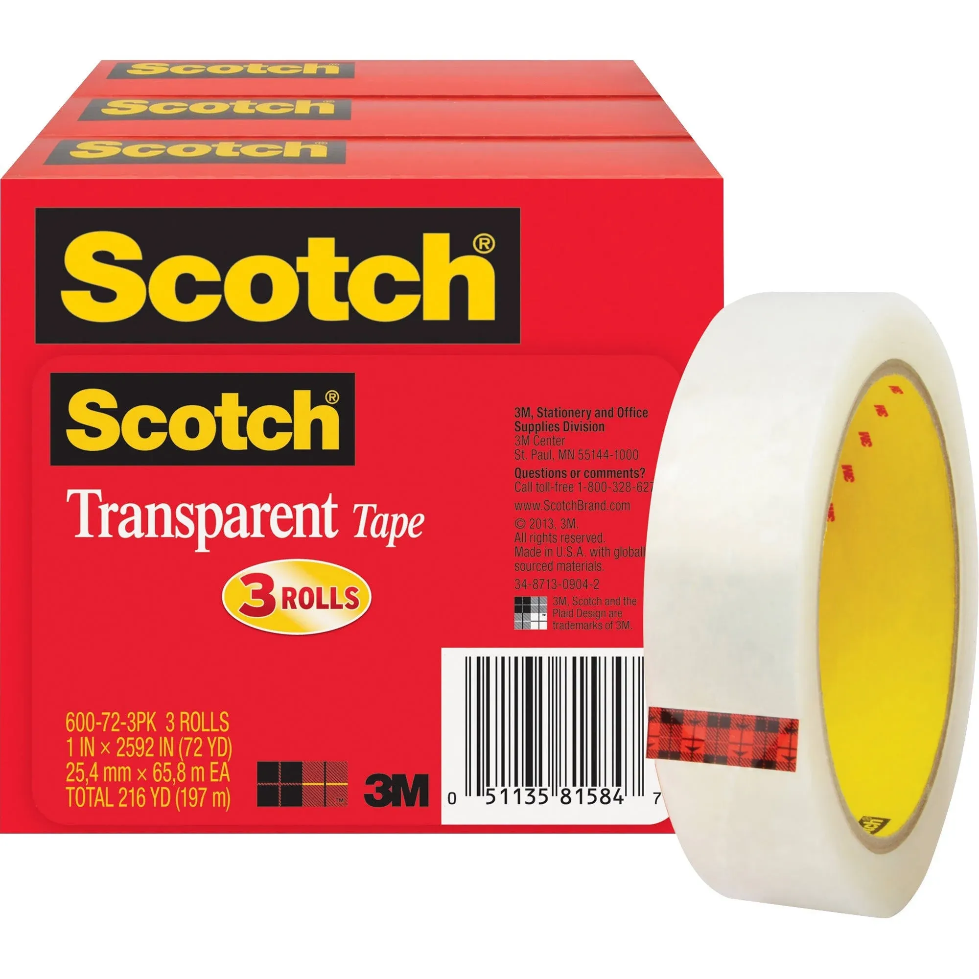 Scotch Transparent Tape 600 72 3PK 1&#034; x 2592&#034; 3&#034; Core Transparent 3/Pack