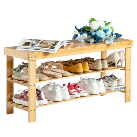 Bamboo Shoe Bench 2-Tier Shoe Rack Organizer