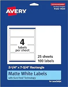 Avery Matte White Rectangle Labels with Sure Feed, 2.25" x 7.75", 100 Matte White Printable Labels