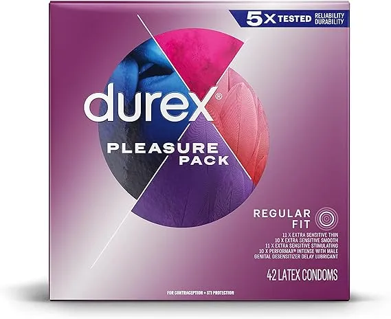 Durex Condom Pleasure Pack Assorted Natural Latex Condoms, Regular Fit, 42 Count - An exciting mix of sensation and stimulation