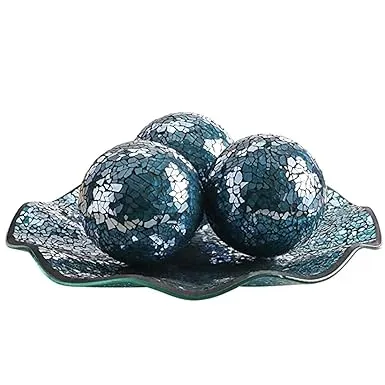 WHOLE HOUSEWARES | 11.5" Glass Mosaic Decorative Centerpiece Tray | Home Décor Centerpiece Bowl | Bowl with 3PCS 3.75" Mosaic Decorative Balls Turquoise Decor