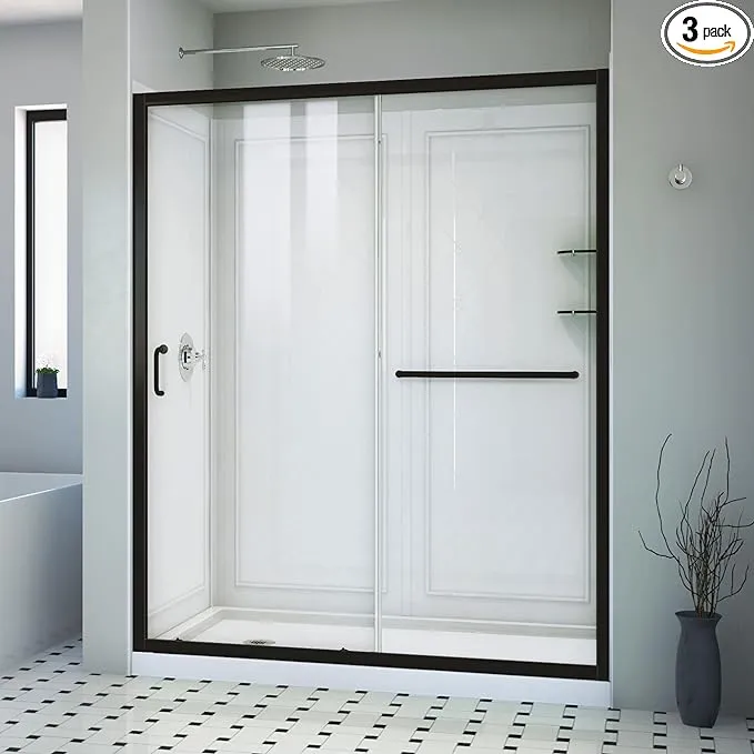 DreamLine Infinity-Z 36 in. D x 60 in. W x 76 3/4 in. H Clear Sliding Shower Door in Matte Black, Left Drain and Wall Kit