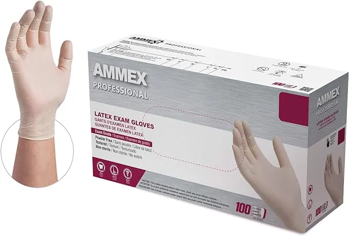 AMMEX Professional Latex Disposable Gloves Large Ivory Powder Free 100 pk