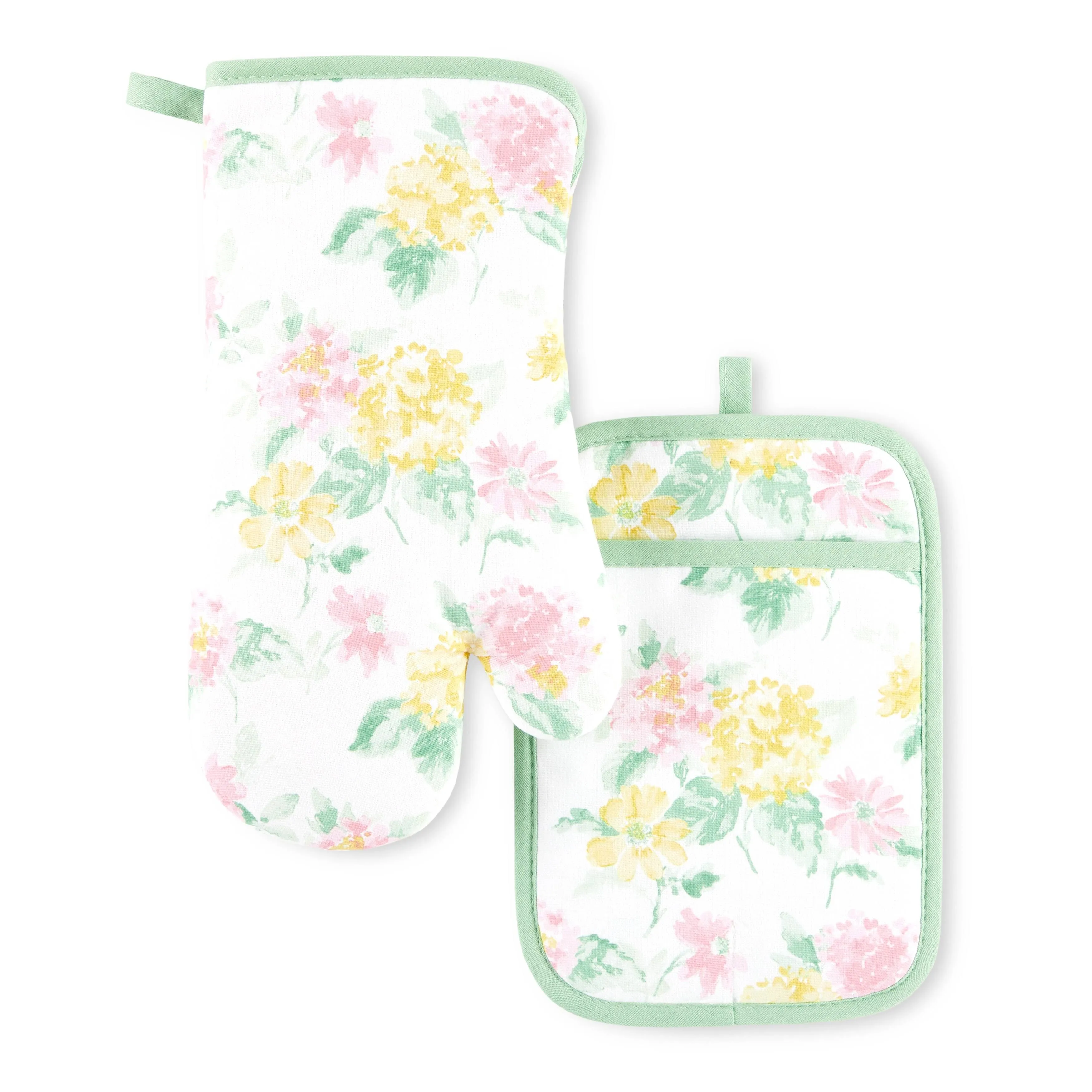 Martha Stewart Amber Floral Oven Mitt and Pot Holder Set - Heat Resistant Cotton - Watercolor Floral Design - 2 Piece Kitchen Textiles Set - Pink/Yellow