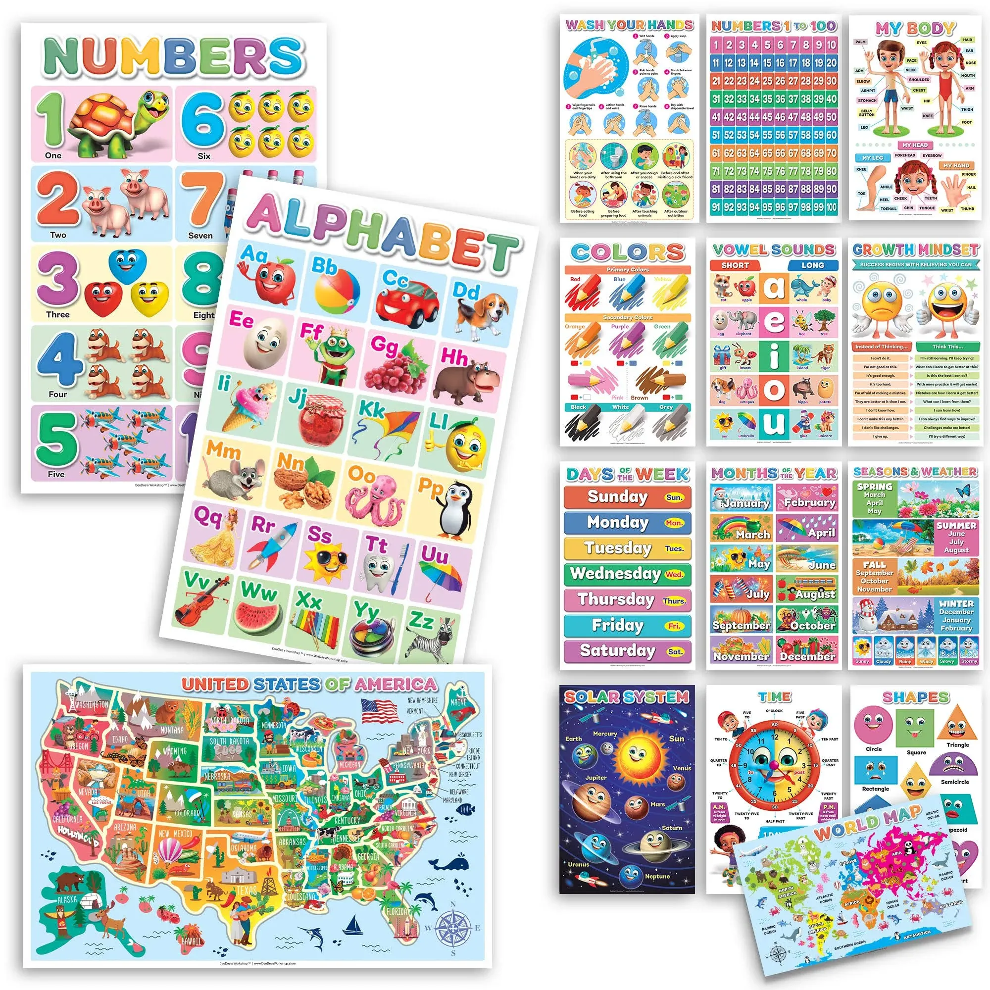 DeeDee's Workshop 16 Educational Posters for Toddlers, ABC Chart For Wall For Toddlers, ABC Poster, Days of the Week Poster For Kids, Toddler Wall Decor, Daycare Essentials, Pre K Learning Materials