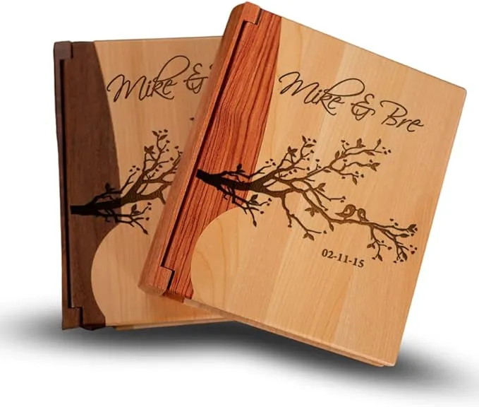 Custom Engraved Wooden Photo Album, with Lovedbirds Design on Front for Happy ...