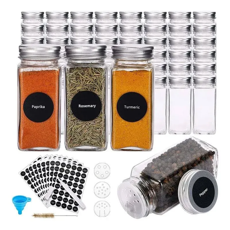 HATOKU 48 Pcs Glass Spice Jars, 4oz Empty Square Spice Bottles with 400 Spice Labels, Spice Containers with Shaker Lids, Airtigh