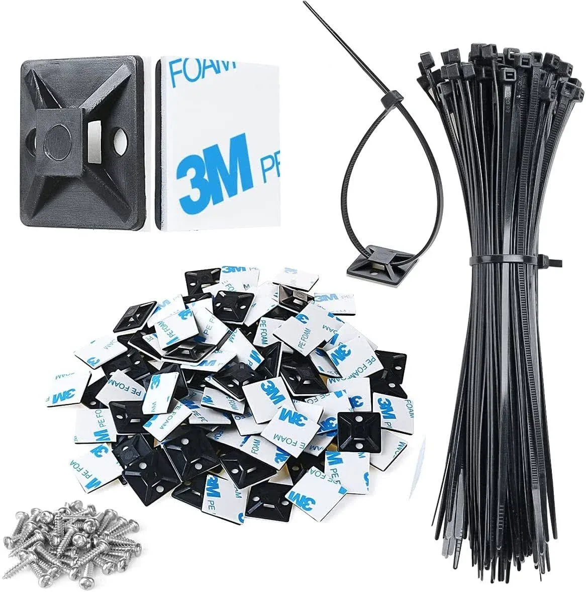 XHF 3/4" Strong Back-Glue Self Adhesive Black Cable Zip Tie Mounts 100pcs with 8" Zip Ties, Screws, UV Protection Outdoor Sticky Wire Fasteners Cable Clips Management Anchors Organizer Holders Squares