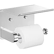 VAEHOLD Self Adhesive Toilet Paper Holder with Phone Shelf Stainless Steel Wall Mounted Toilet Paper Roll Holder - Bathroom Washroom Tissue Roll Holder with Storage Shelf - Bright Surface