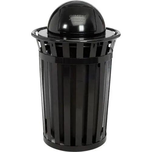 36 Gallon Outdoor Metal Slatted Trash Receptacle with Dome Lid Black