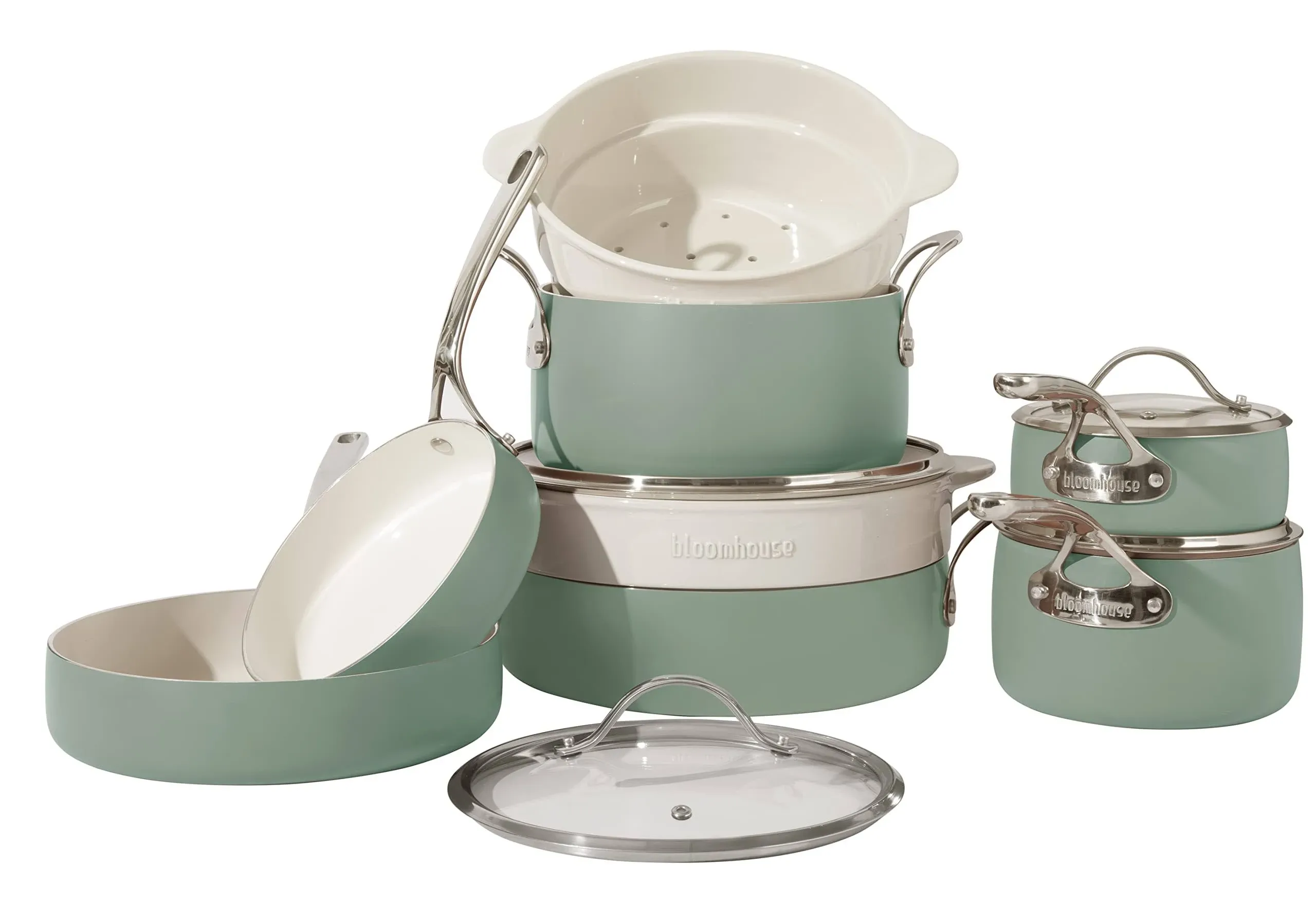 Bloomhouse Ceramic Nonstick 12 Piece Aluminum Cookware Set In Sage Green