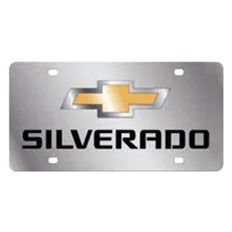 Eurosport Daytona® 1319N2-1 - GM Polished License Plate with Style 2 Gold / Silver / Black Silverado New Logo and Chevrolet Emblem