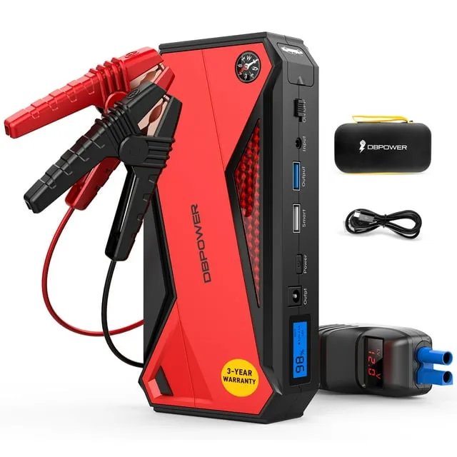 DBPOWER Peak 2000A 18000mAh Portable Car Jump Starter (up to 7.2L Gas, 5.5L Diesel Engine) Battery Booster with Smart Charging Port, Compass, LCD Screen and LED Light (Black/Red)