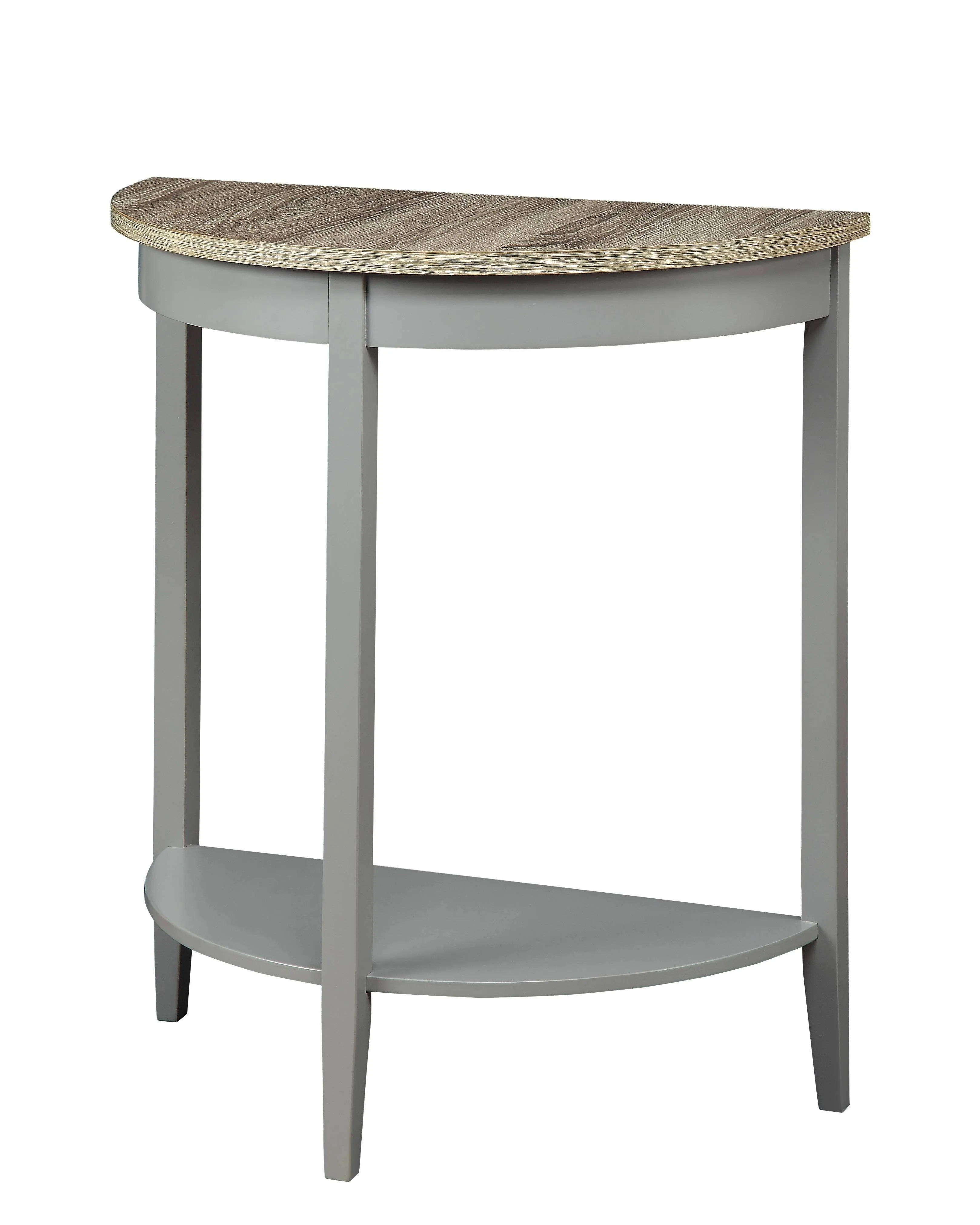 Acme Justino Half Moon Wooden Console Table with Bottom Shelf in Gray Oak