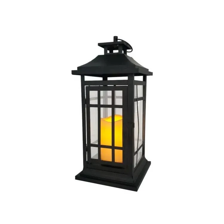 Battery Operated Metal Lantern with LED Candle - Black Window (14 inches)