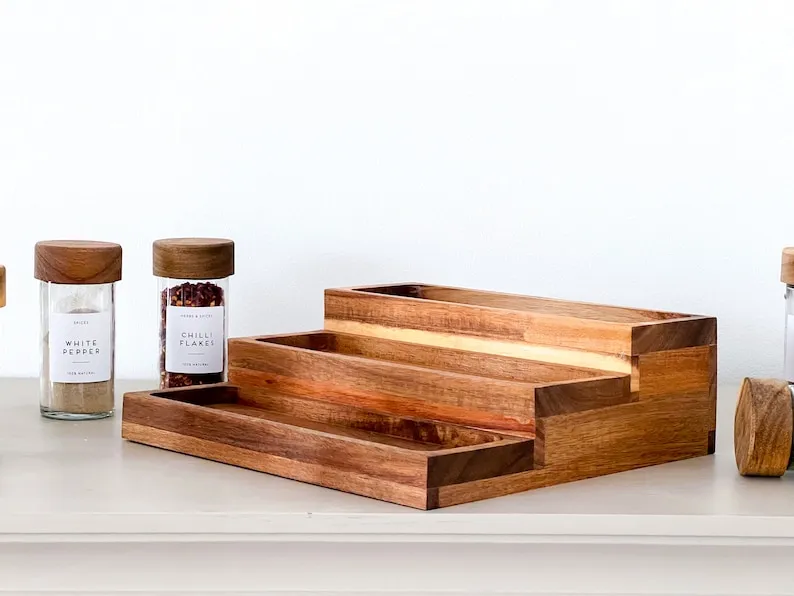 Natural wood Acacia Spice Rack - with or without jars and personal labels