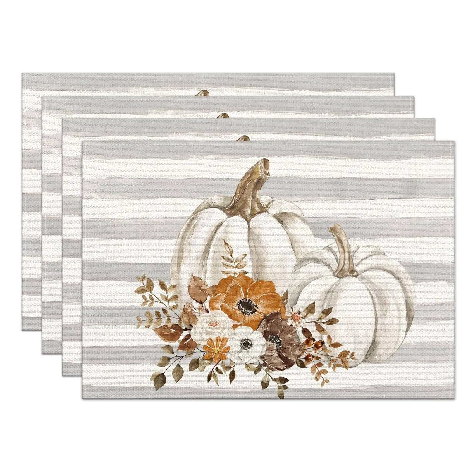 Fall Placemats Set of 4,12x18 Inch Stripes with Pumpkins Flowers Heat-Resistant Place Mats,Seasonal Autumn Table Decors for Farmhouse Kitchen Dining Thanksgiving Holiday Party