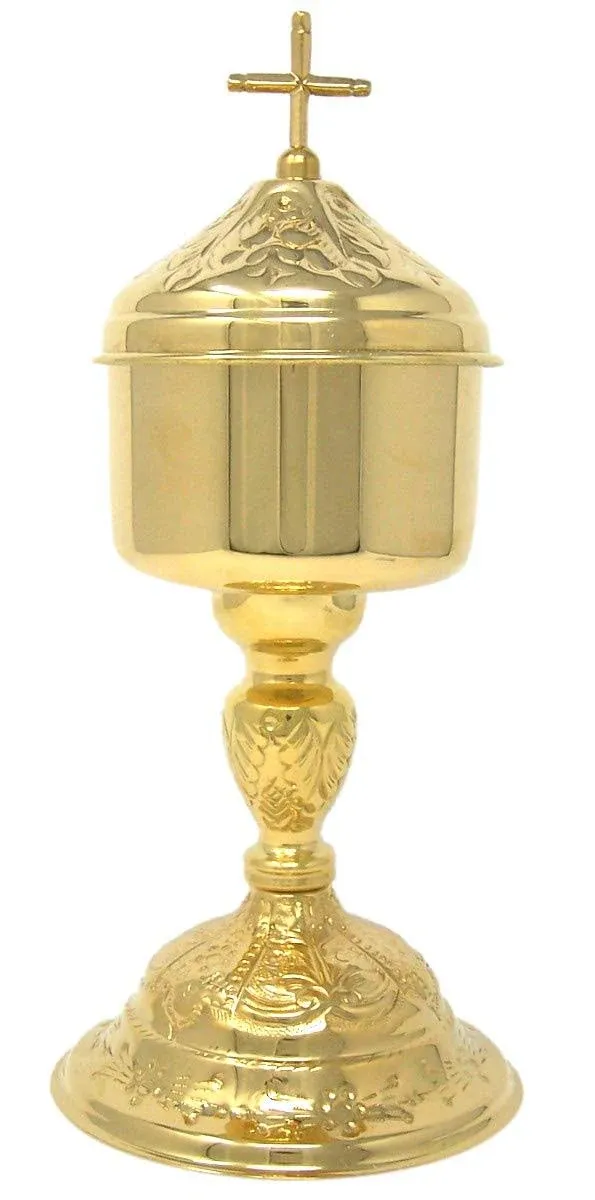 Solid Brass Gold Tone Church Eucharist Host Ciborium with Cross Top Lid, 10 Inches