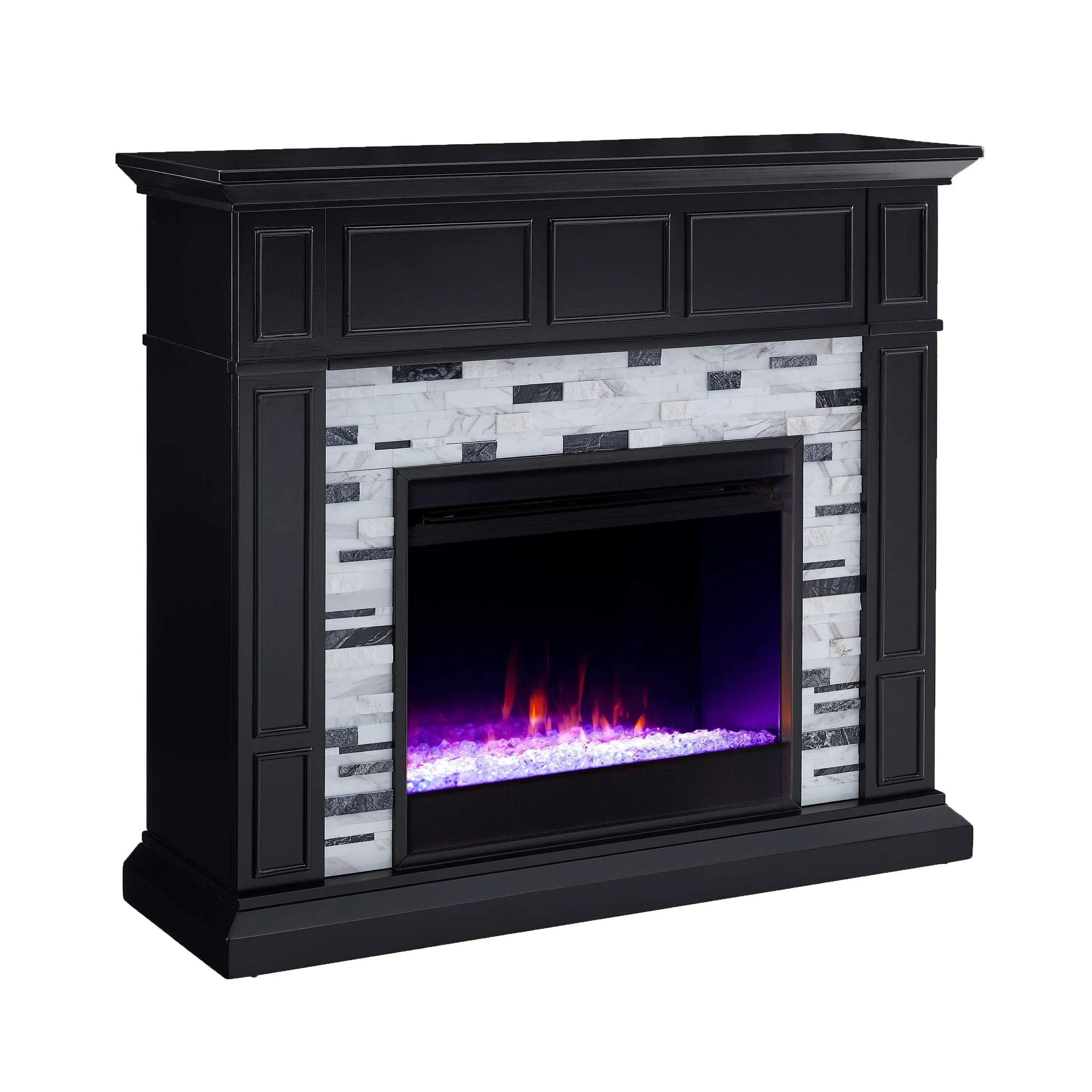 Drovling Marble Tiled Color Changing Electric Fireplace, Black-White-Gr<wbr/>ay