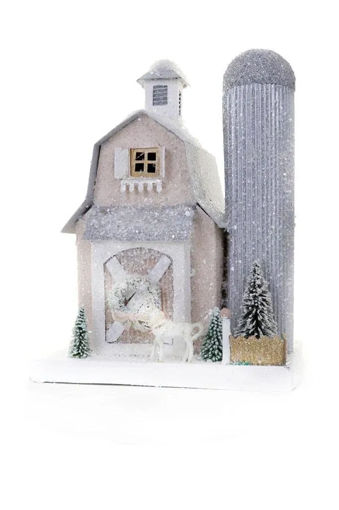 Cody Foster & Co Sparkly White and Silver Farmhouse Christmas Village Horse Barn Multicolor