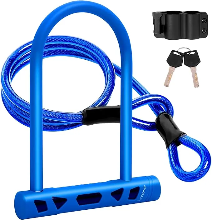 Bike Lock Heavy Duty Bike U Lock with Cable 14mm Shackle and 12mm x1.5m Cable and Sturdy Mounting Bracket for Mountain Bike Fold Bike Road Bike（Navy Blue）