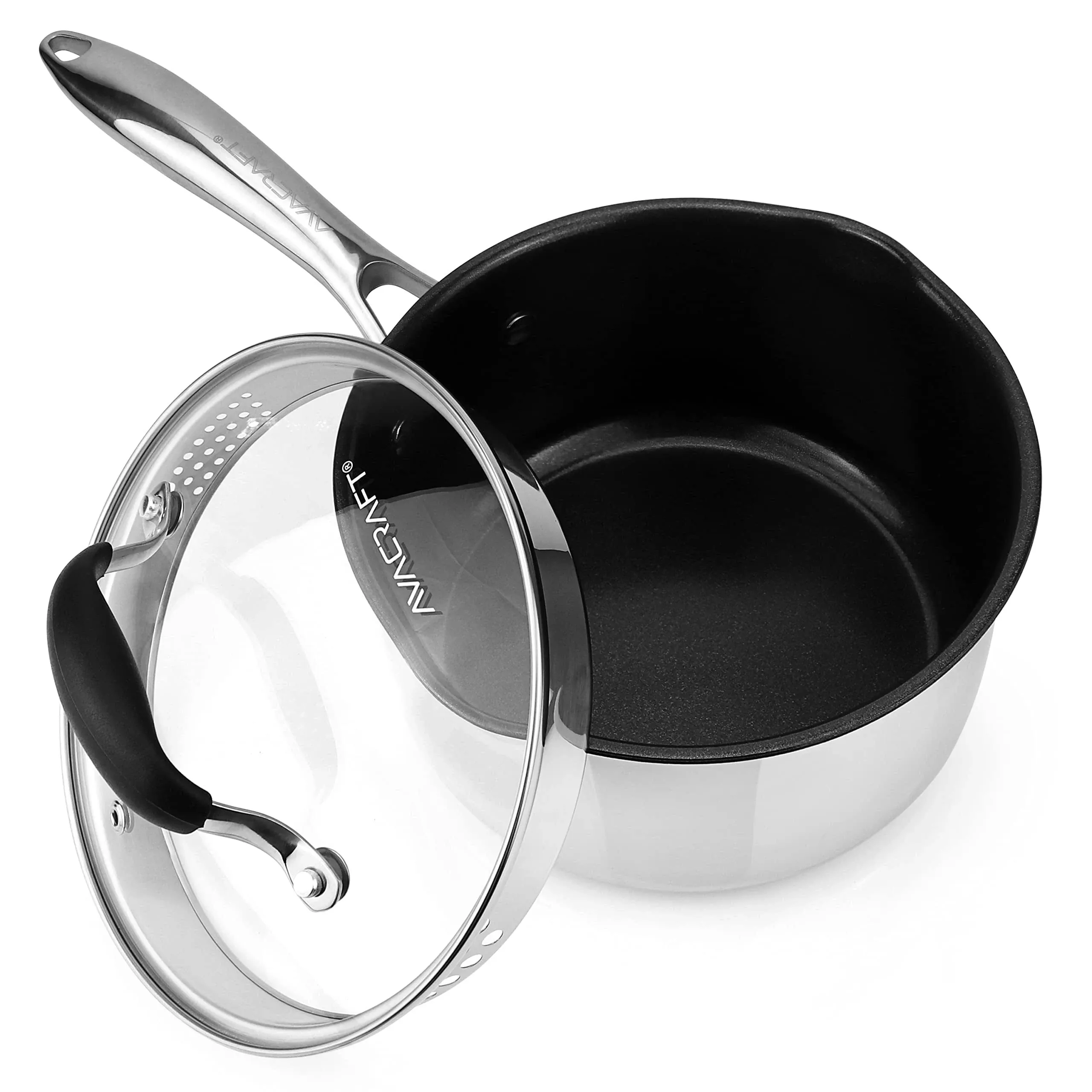 AVACRAFT Nonstick Saucepan with Glass Lid, Strainer Lid, 100% PTFE, PFOA Toxins Free, Two Side Spouts for Easy Pour, Multipurpose Sauce Pan with Lid, Ceramic Sauce Pot (2.5 QT Non-Stick Saucepan)