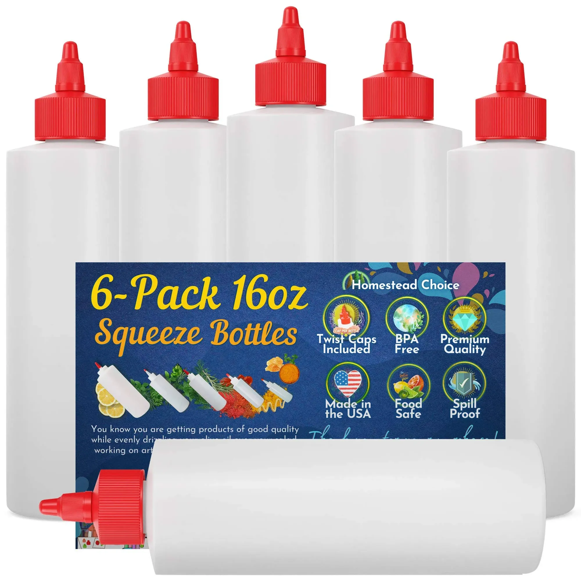 6-Pack Plastic Squeeze Condiment Bottles 16-Ounce with Red Twist-Cap Set of 6 16-oz (Perfect for Syrup Sauce Ketchup BBQ Condiments Dressing