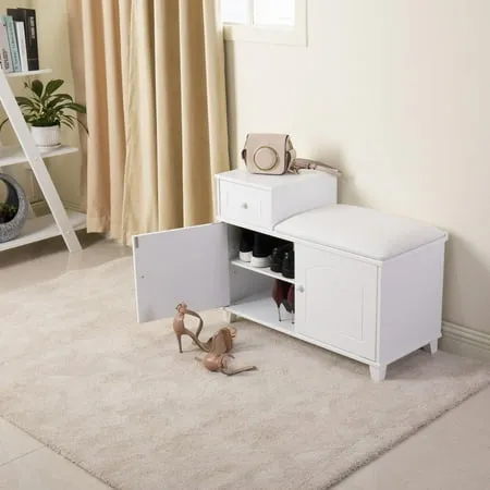 BaytoCare Ottoman Storage Cabinet Storage Bench Entryway Shoe Storage Bench with Cushion and Drawer for Bedroom Living Room Hallway Home Office White