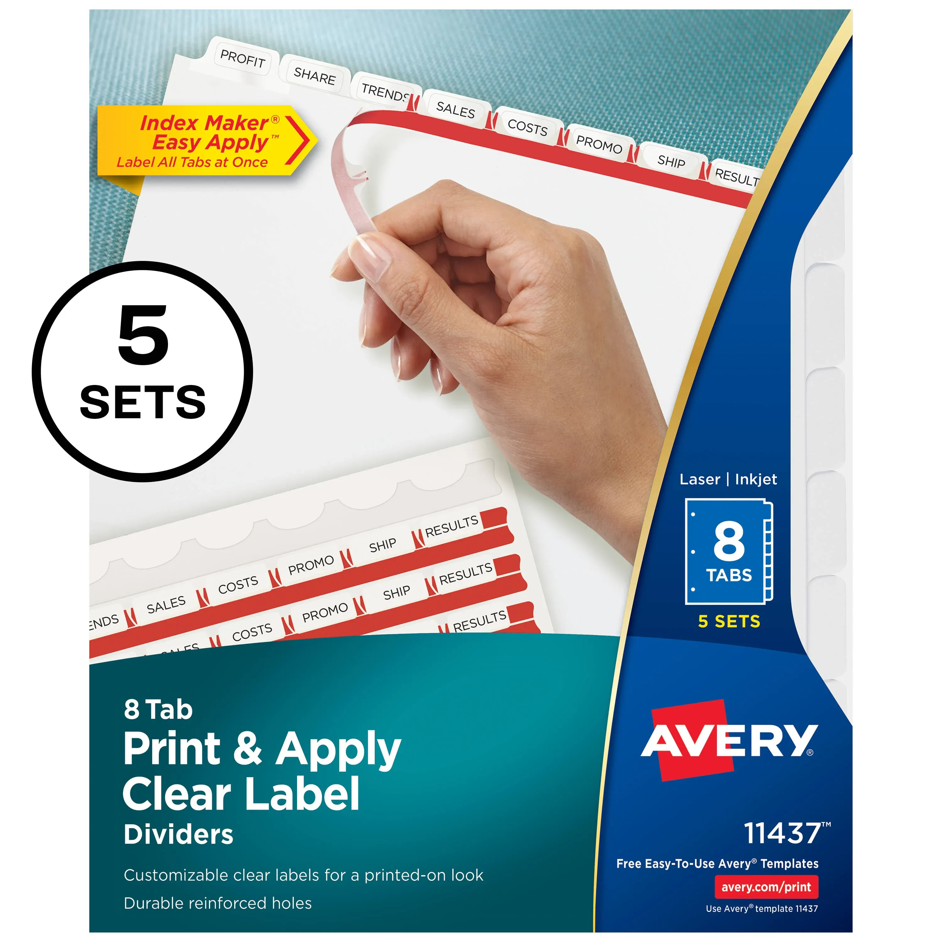 AVERY 11437 PRINT &amp; APPLY CLEAR LABEL DIVIDERS 8-TAB 5 SETS INDEX MAKER 3-RING 