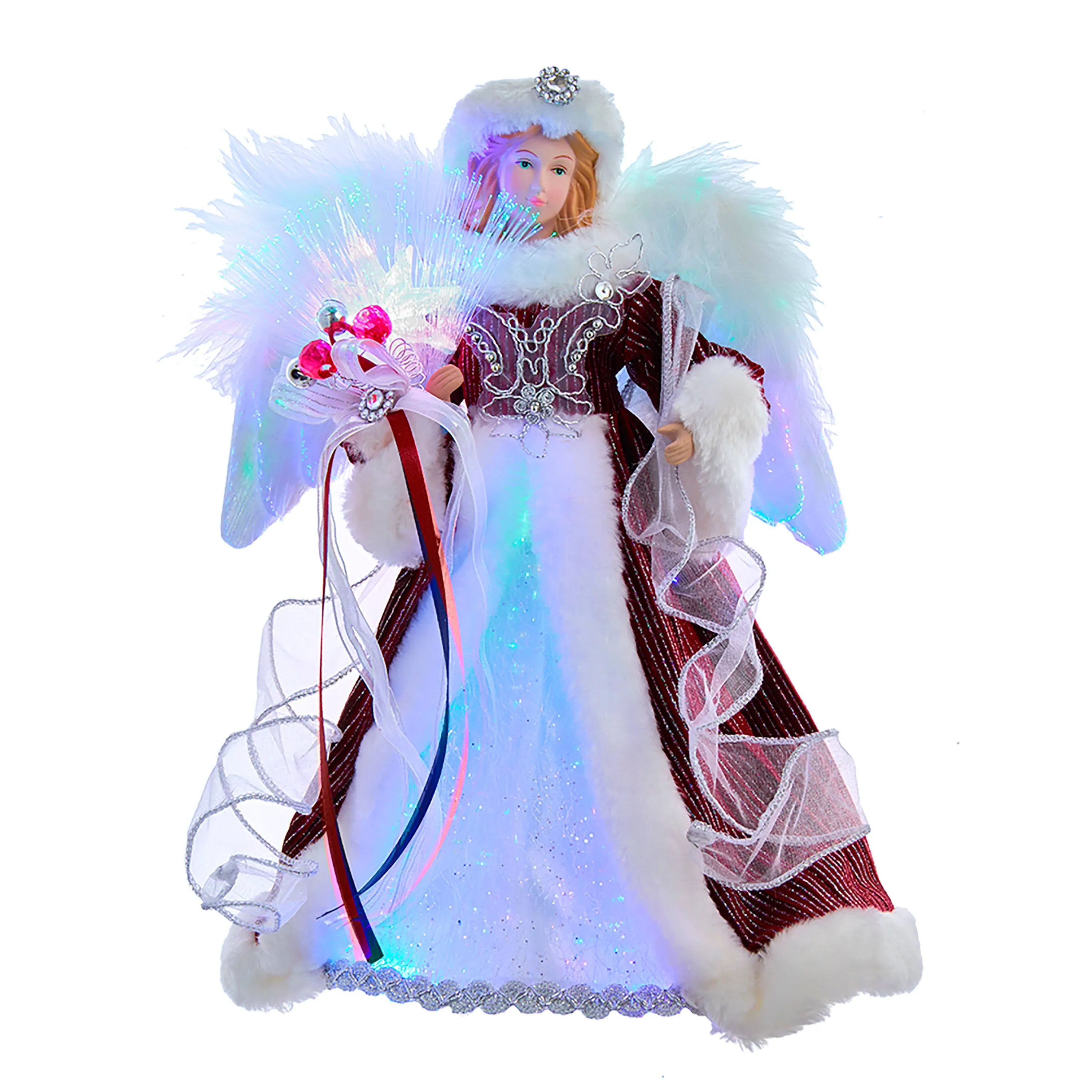 Kurt Adler 12-Inch White, Silver and Burgundy Angel Tree Topper with LED Lights