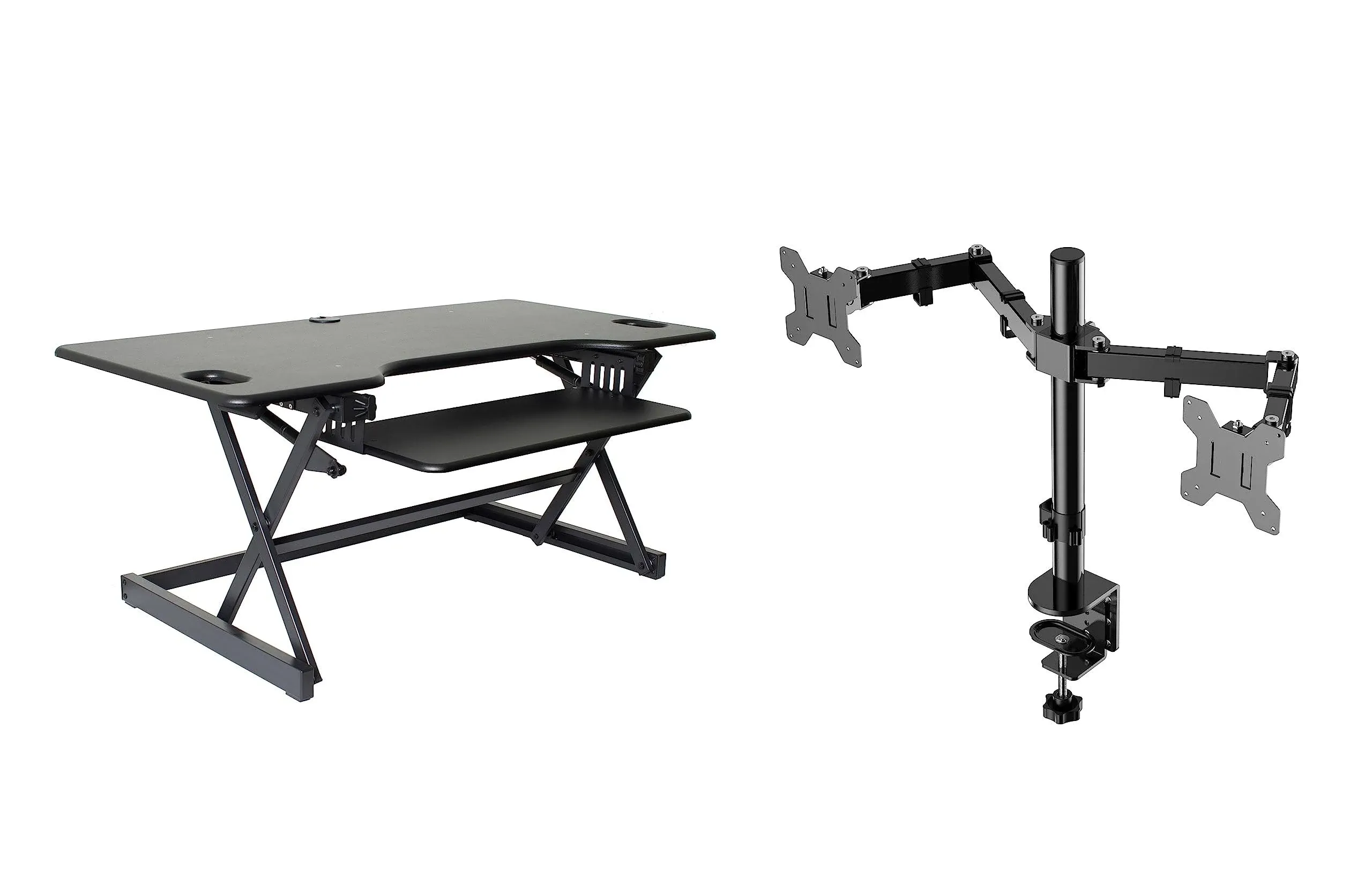 Rocelco 46" Large Height Adjustable Standing Desk Converter with Double Monitor Mount Arm BUNDLE - Quick Sit Stand Up Computer Workstation Riser - Retractable Keyboard Tray - Black (R DADRB-46-DM2)