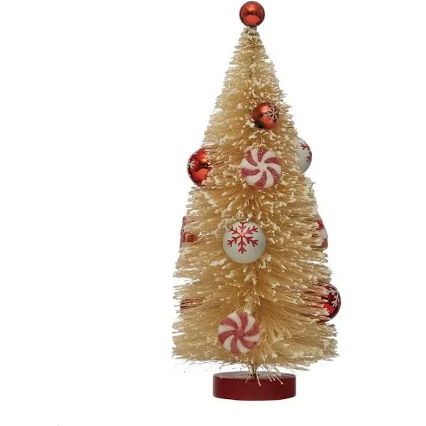 Creative Co-Op Sisal Bottle Brush Christmas Tree with Red Ornaments and Peppermints, Cream and Red