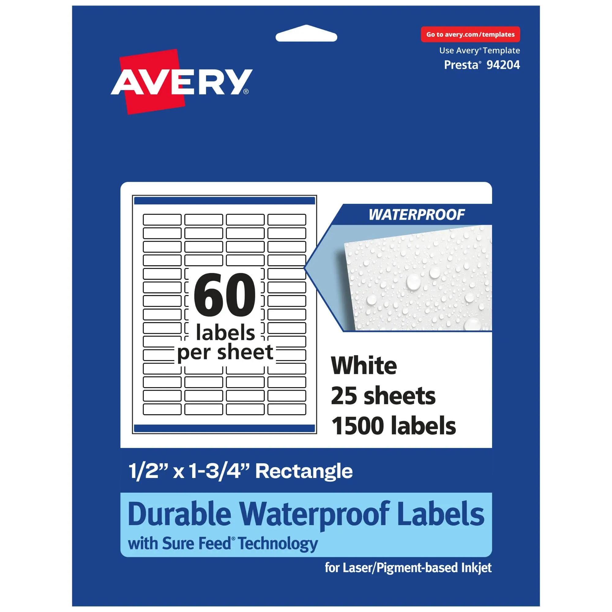 Avery Durable Waterproof Rectangle Labels with Sure Feed, .5" x 1.75", 600 Oil and Tear-Resistant Waterproof Labels, Print-to-The-Edge, Laser/Pigment-Based Inkjet Printable Labels