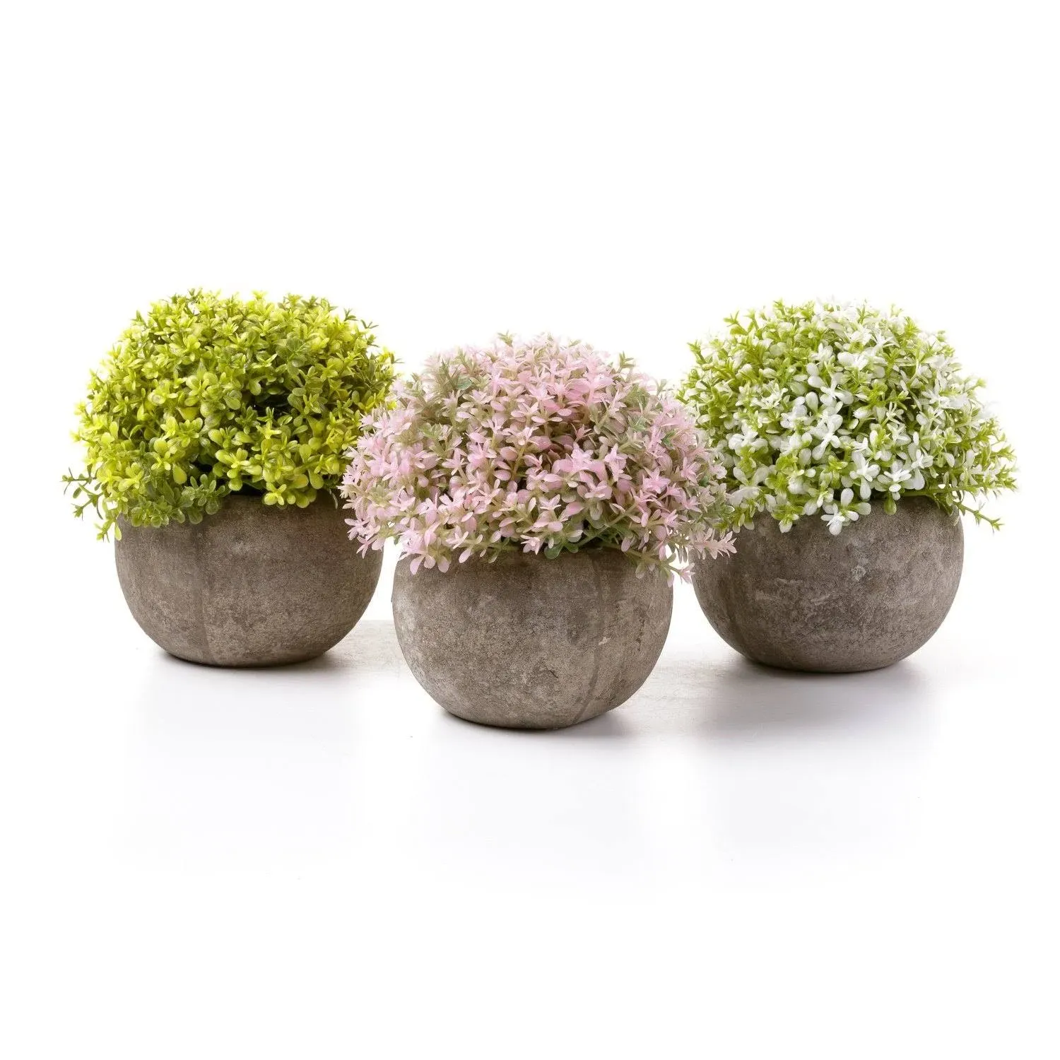 T4U Mini Artificial Plants in Grey Pot, Plastic Fake Green Colorful Flower Topiary Shrubs for Home Office Wedding Decoration Set of 3