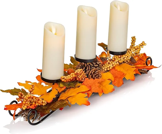 Maple Leaves Candle Holder - Thanksgiving Fall Harvest Themed Candleholder Centerpiece Decorations with Pinecones and Acorns