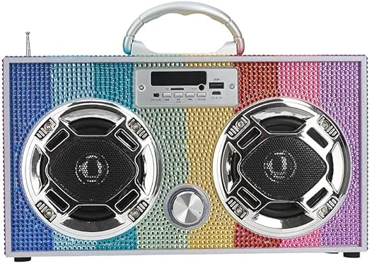 Mini Boombox with LED Speakers –Retro Bluetooth Speaker w/Enhanced FM Radio - Perfect for Home and Outdoor (Rainbow Bling)