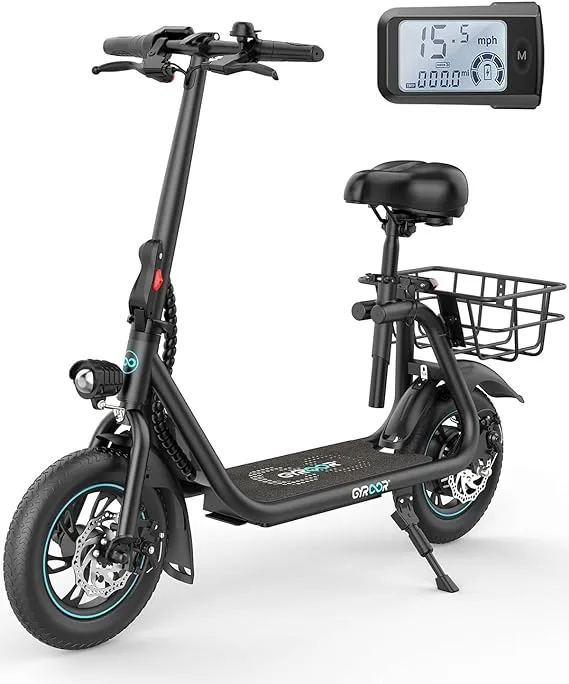 Gyroor Folding Electric Scooter for Adults with Seat, 20/25 Miles Range 450W Motor up to 15.5/18.6 MPH Speed LCD Display, Electric Scooter with Basket