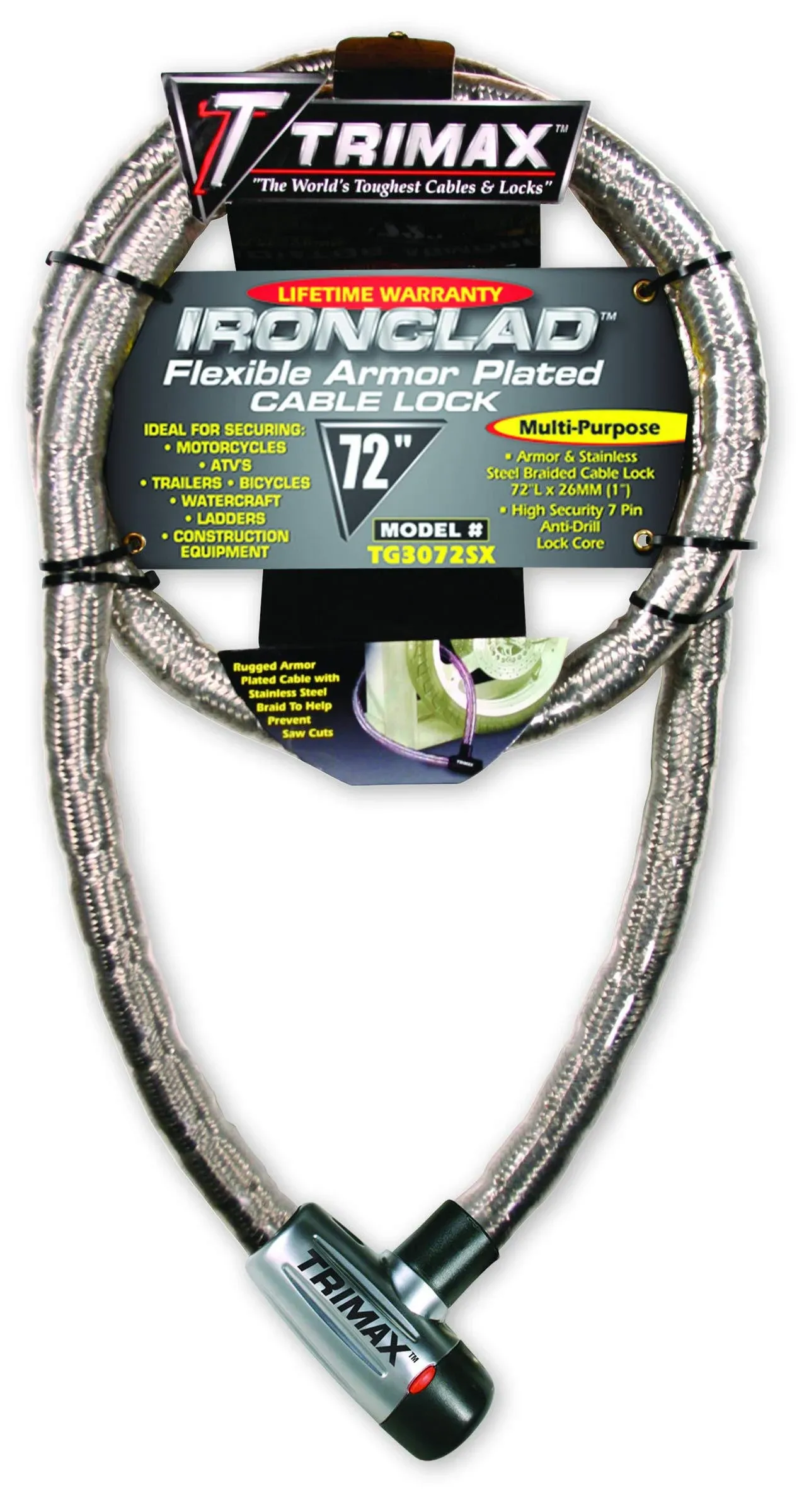 Trimax TG3072SX 6&#039; x 26mm Ironclad Armor Plated Stainless Steel Cable Lock 72&#034;