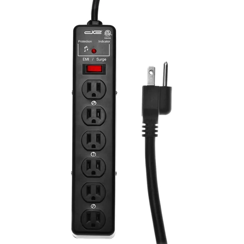 Digital Energy EMI Sound Filter/Noise Reducer - 8 Foot Long 14/3 Cable - 6 Outlet Metal Studio Surge Protector Power Strip | 1200 Joule, Heavy Duty Construction