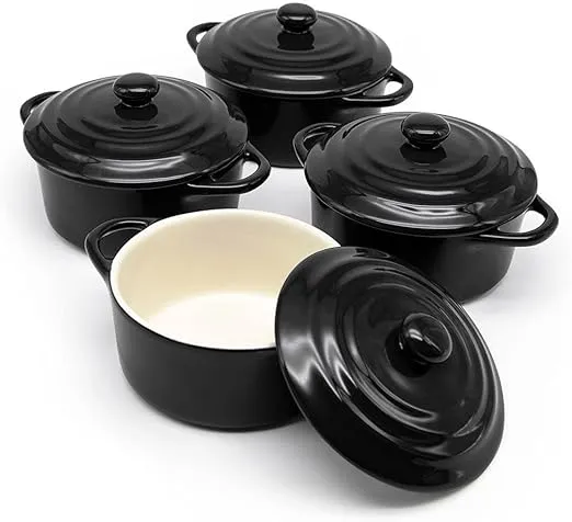 KooK Ceramic Mini Cocotte Set, Small Casserole Dishes with Lids and Handles, Individual Baking Ramekins, Oven, Microwave & Dishwasher Safe, Stoneware, 12 oz, Set of 4 (Black)