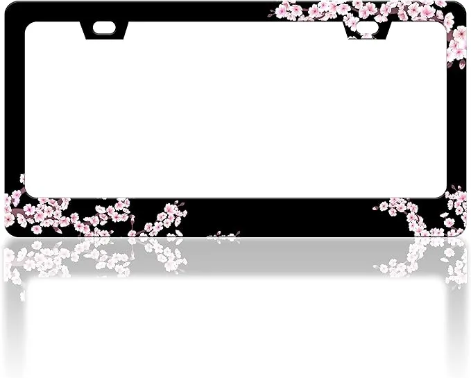 Cherry Blossoms License Plate Frame Beautiful Pink Flowers License Plate Frames Funny Auto Accessory Bracket Stainless Steel License Plate Cover for Women Men 6x12 Inch