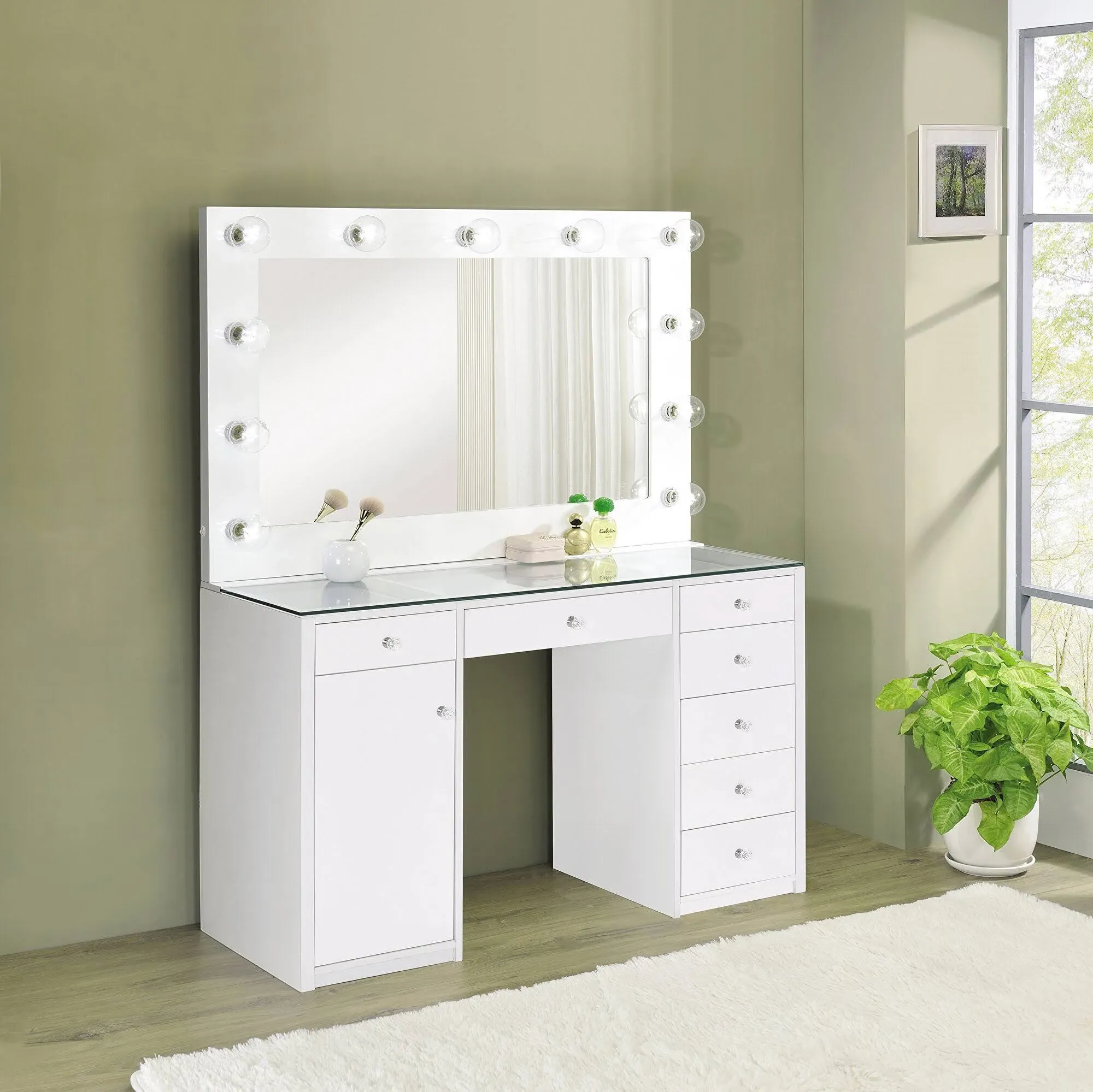 Coaster Home Furnishings Acena 7-Drawer Vanity Set with Lighting White High Gloss