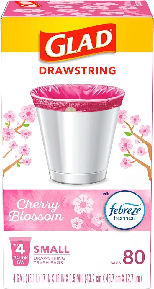 Glad Odorshield Small Drawstring Trash Bags, 4 Gal, Pink, Cherry Blossom, 80 Ct, Pack May Vary