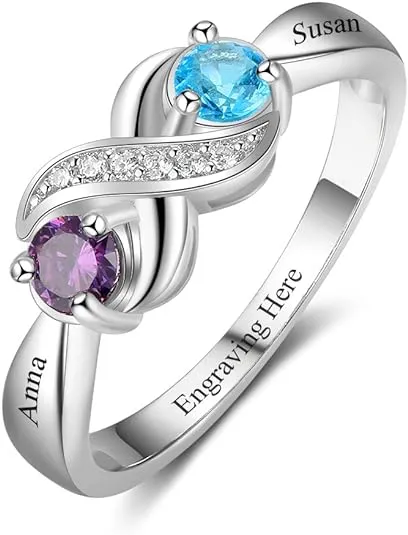 925 Sterling Silver Personalized Infinity Mothers Rings with 2 Round Simulated Birthstones Custom Engraved Engagement Promise Rings for Women